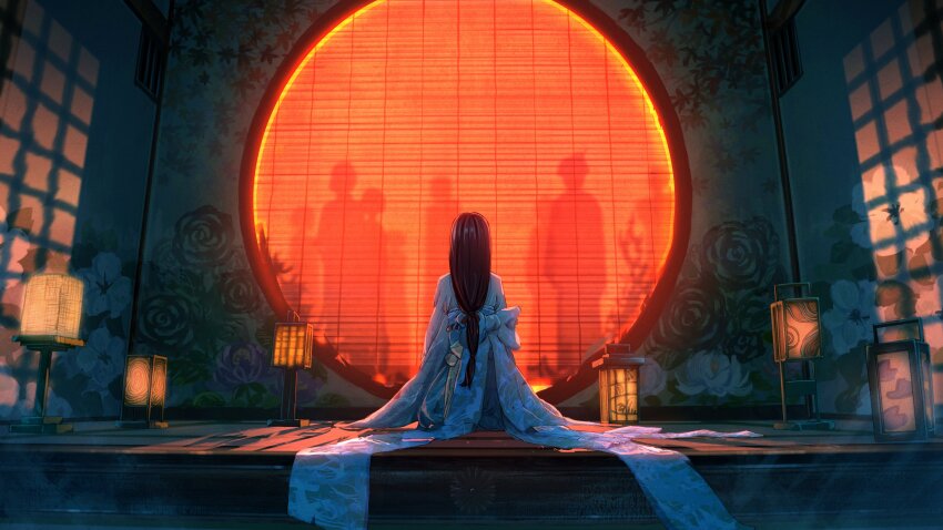 1girl absurdres andon_(lighting) architecture bamboo_screen black_hair commentary_request east_asian_architecture floor_lamp from_behind highres japanese_clothes kimono lamp long_hair original people scenery shadow shuu_illust sitting very_long_hair