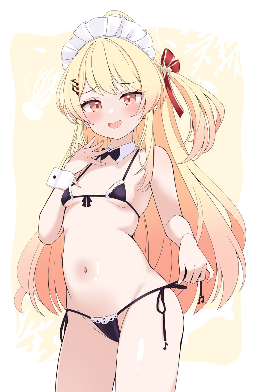 1girl bikini blonde_hair bow bowtie breasts cocozasa commentary_request detached_collar fortissimo frills hair_ornament hair_ribbon hairclip highres hololive hololive_dev_is long_hair maid_headdress micro_bikini musical_note musical_note_hair_ornament navel one_side_up open_mouth orange_eyes otonose_kanade partial_commentary ribbon small_breasts smile smug solo stomach string_bikini swimsuit virtual_youtuber wrist_cuffs