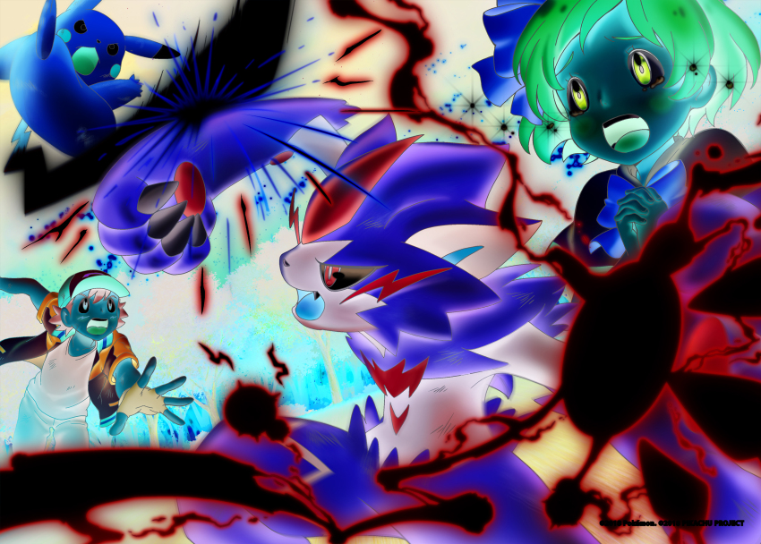1boy 1girl absurdres artist_request ash_ketchum baseball_cap black_gloves black_hair black_shirt blue_eyes blue_jacket blush bow brown_eyes claws copyright_name copyright_notice creatures_(company) electricity embers eyelashes fangs fingerless_gloves fire game_freak gen_1_pokemon gen_7_pokemon gloves glowing_tail hair_bow hat highres iron_tail_(pokemon) jacket legendary_pokemon margo_(pokemon) mythical_pokemon nintendo official_art open_clothes open_jacket open_mouth outdoors own_hands_clasped own_hands_together pants pikachu pink_hair pokemon pokemon_(anime) pokemon_(creature) pokemon_move pokemon_the_movie:_the_power_of_us purple_eyes second-party_source shirt short_hair short_sleeves sparkle tears teeth tree upper_teeth_only yellow_bow zeraora