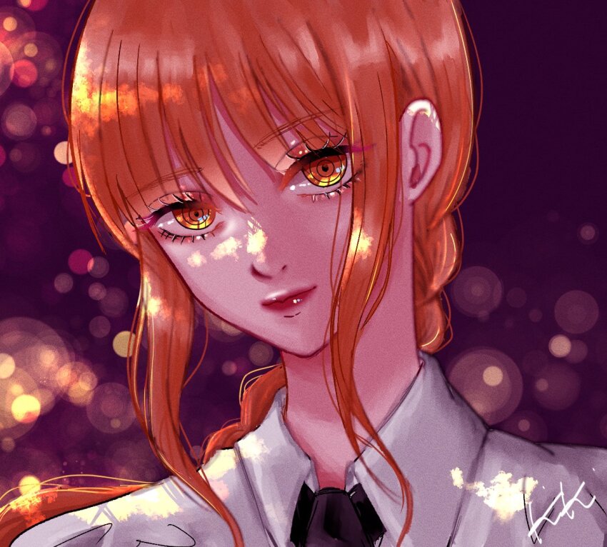 1girl black_necktie blunt_bangs braid braided_ponytail chainsaw_man collared_shirt commentary_request eyelashes hair_between_eyes light_smile makima_(chainsaw_man) necktie orange_hair purple_background red_lips ringed_eyes sail_ofhope shirt sidelocks signature solo upper_body white_shirt