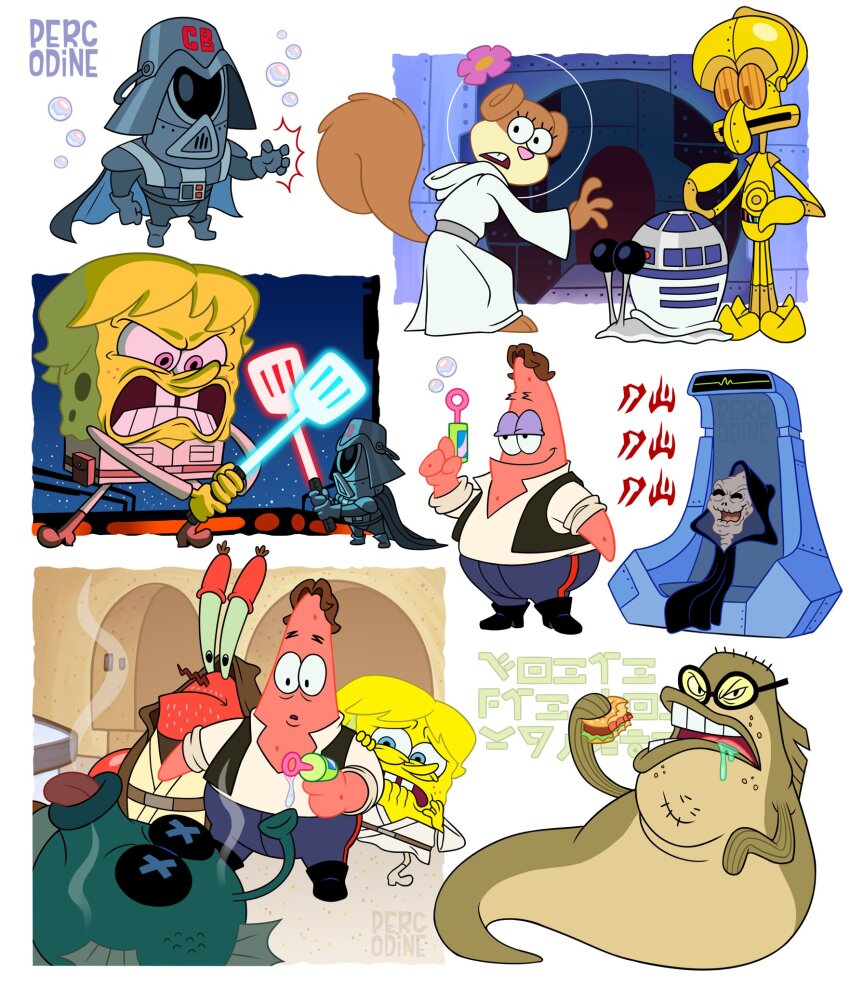 1girl 6+boys artist_name black_vest brown_fur bubble_bass burger c-3po c-3po_(cosplay) colored_skin cosplay crossover dress food han_solo han_solo_(cosplay) highres holding holding_burger holding_food holding_spatula long_dress mr._krabs multiple_boys multiple_views open_clothes open_vest patrick_star percodine pink_skin princess_leia princess_leia_(cosplay) sandy_cheeks shirt spatula spongebob_squarepants spongebob_squarepants_(series) squidward_tentacles squirrel_girl squirrel_tail star_wars tail toon_(style) vest white_dress white_shirt