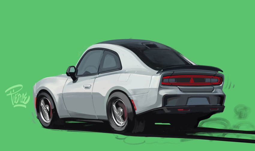 alt_text artist_name car commentary dodge_(company) dodge_charger dodge_charger_(7th_generation) english_commentary from_behind green_background grey_car highres motion_blur motor_vehicle muscle_car no_humans original simple_background smoke vehicle_focus will_pierce