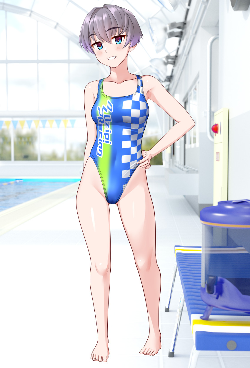 1girl absurdres barefoot bench blue_eyes blue_one-piece_swimsuit breasts checkered_clothes commentary_request competition_swimsuit full_body gradient_swimsuit grey_hair grin hand_on_own_hip highleg highleg_one-piece_swimsuit highres indoors medium_breasts multicolored_swimsuit one-piece_swimsuit original poolside race_queen short_hair smile solo swimsuit takafumi variant_set