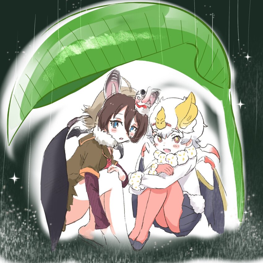 animal_ears bat_ears bat_girl bat_wings black_skirt blonde_hair blue_eyes blush brown_hair fur-trimmed_sleeves fur_collar fur_trim green_shirt green_skirt highres hilgendorf&#039;s_tube-nose_bat_(kemono_friends) honduran_white_bat_(kemono_friends) ieinu_account kemono_friends knees_to_chest leaf leaf_umbrella light_brown_hair long_sleeves mask mask_on_head multicolored_hair neckerchief orange_eyes pantyhose pleated_skirt purple_sleeves rain red_neckerchief red_pantyhose sailor_collar school_uniform serafuku shirt short_hair short_sleeves sitting skirt sweater tengu_mask two-tone_hair white_fur white_hair white_sweater wings