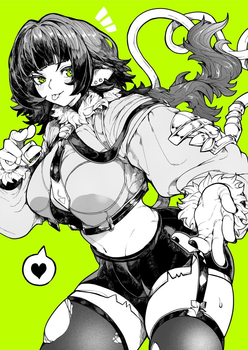 1girl absurdres animal_ears black_pantyhose breasts bright_pupils fur-trimmed_jacket fur-trimmed_sleeves fur_trim green_background green_eyes heart highres jacket jane_doe_(zenless_zone_zero) limited_palette medium_breasts mouse_ears mouse_girl mouse_tail nail_polish pantyhose simple_background solo spoken_heart tail thick_thighs thighhighs thighs tongue tongue_out torn_clothes torn_pantyhose wide_hips yotsumi_shiro zenless_zone_zero