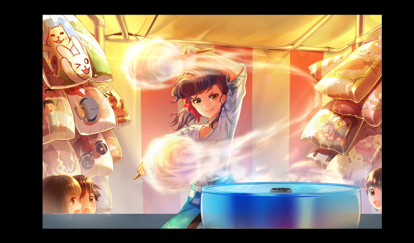 2boys 2girls arm_up brown_hair cinderella_series closed_mouth clothes_around_waist cooking cotton_candy ear_piercing floral_print_shirt food game_cg hachigatsu_no_cinderella_nine hair_ornament highres holding holding_cotton_candy holding_food izumida_kyouka jacket jacket_around_waist long_hair looking_at_viewer low_twintails motion_blur multiple_boys multiple_girls non-web_source official_art open_mouth orange_eyes piercing pompadour purple_hair smile solo_focus standing summer_festival twintails