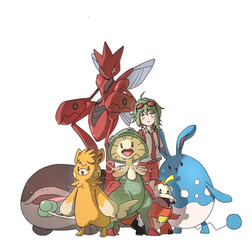 1girl 1other :d azumarill black_eyes black_shoes blue_fur breloom bug clodsire colored_skin commission fangs fuecoco full_body gen_2_pokemon gen_3_pokemon goggles goggles_on_head green_eyes green_hair highres insect_wings looking_at_viewer naranja_academy_school_uniform necktie nintendo open_mouth orange_fur orange_necktie orange_shorts pawmot pincers pokemon pokemon_(creature) pokemon_sv rabbit red-tinted_eyewear red_skin robinlovesop school_uniform scizor shirt shoes shorts simple_background smile standing tinted_eyewear white_background white_fur white_shirt wings yellow_eyes