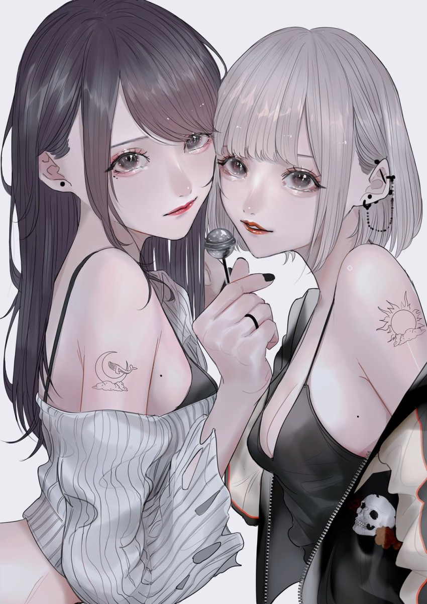 2girls aegyo_sal barbell_piercing bare_shoulders black_bra black_camisole black_eyes black_jacket black_nails bra breasts brown_hair camisole candy cleavage closed_mouth commentary_request crescent_tattoo cropped_sweater ear_chain ear_piercing earrings eyelashes eyeliner flower_ring food from_side glitter_makeup grey_background grey_hair grey_sweater heads_together highres holding holding_candy holding_food holding_lollipop jacket jacket_partially_removed jewelry letterman_jacket linked_piercing lipstick lollipop long_hair long_sleeves looking_at_viewer makeup mano_aaa medium_breasts mole mole_on_breast multiple_girls nail_polish off-shoulder_sweater off_shoulder original parted_lips piercing red_lips short_hair shoulder_tattoo simple_background single_sidelock stud_earrings sun_symbol sun_tattoo sweater swept_bangs tan tattoo torn_clothes torn_sweater underwear upper_body whale_tattoo yuri zipper