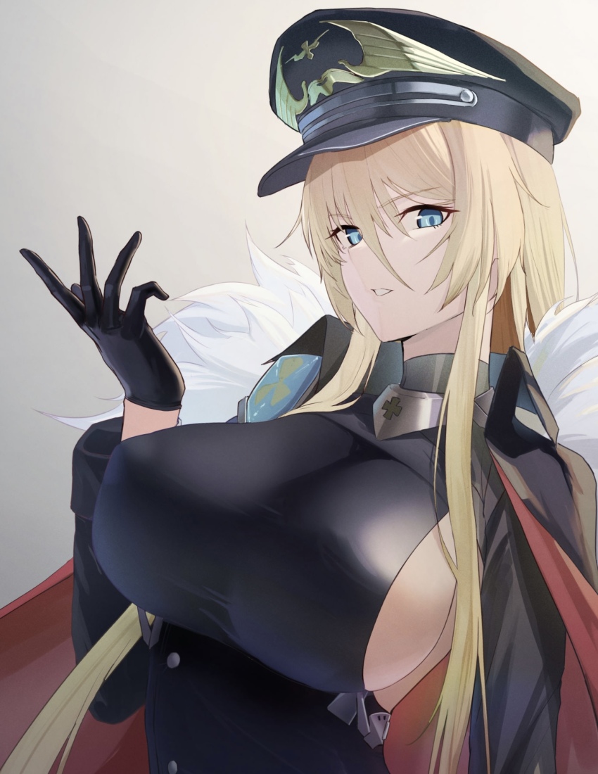 1girl azur_lane bismarck_(azur_lane) bismarck_(coat_of_arms) bismarck_zwei_(azur_lane) black_gloves blonde_hair blue_eyes breasts cape coat_of_arms commentary_request cross fur-trimmed_cape fur_trim gloves hair_between_eyes hand_up hat highres iron_cross large_breasts lom_(lom_lom_8) long_hair looking_at_viewer military_hat official_alternate_costume peaked_cap sideboob simple_background solo upper_body
