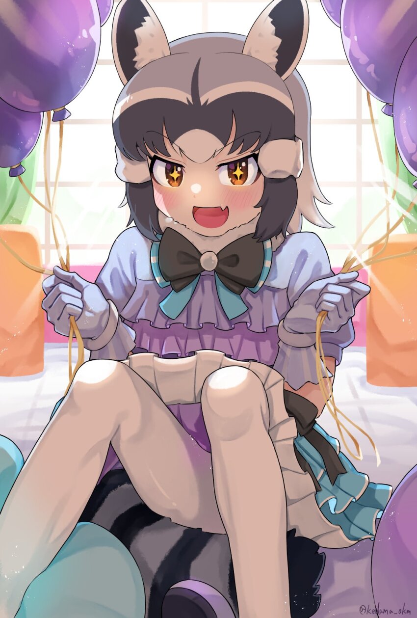 +_+ 1girl animal_ears balloon black_bow black_bowtie blue_bow blue_bowtie blue_dress blue_gloves blush bow bowtie common_raccoon_(kemono_friends) dress fang frilled_dress frilled_gloves frills gloves grey_hair hair_between_eyes highres kedama_(ughugjydthjdf) kemono_friends kemono_friends_3 multicolored_dress multicolored_hair official_alternate_costume open_mouth orange_eyes pantyhose puffy_short_sleeves puffy_sleeves purple_dress raccoon_ears raccoon_girl raccoon_tail short_hair short_sleeves sidelocks sitting smile solo striped_bow striped_bowtie striped_clothes tail two-tone_bow two-tone_bowtie white_bow white_bowtie white_dress white_hair white_pantyhose