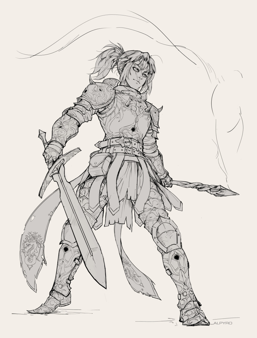 1girl alpyro armor artist_name belt belt_buckle belt_pouch buckle casting_spell commentary cuirass cuisses dragon_print elden_ring english_commentary full_body gauntlets greaves high_ponytail highres holding holding_sword holding_wand holding_weapon legs_apart lineart magic monochrome pauldrons poleyn ponytail pouch rerebrace sabaton scar scar_on_face short_hair shoulder_armor shoulder_spikes solo spiked_armor spiked_pauldrons spikes standing sword tarnished_(elden_ring) wand weapon