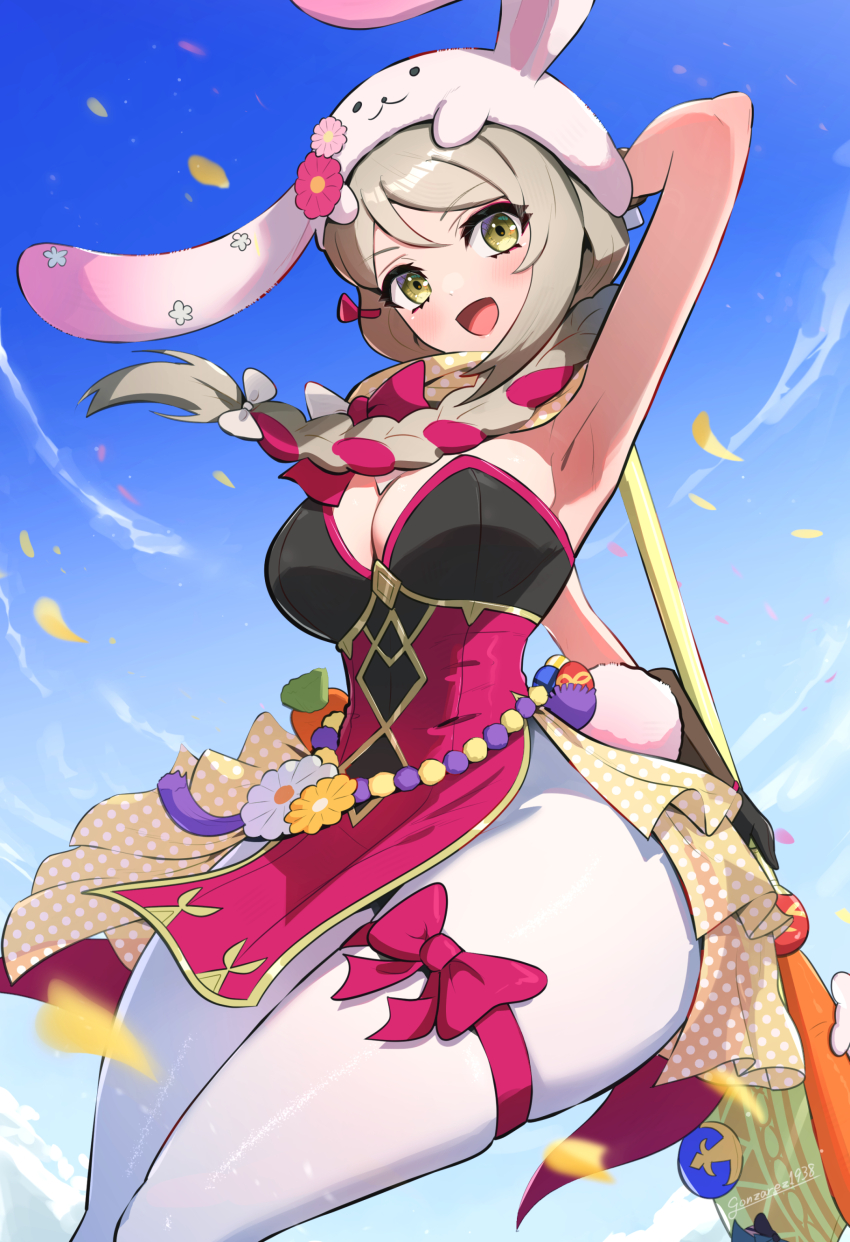 1girl absurdres animal_ears animal_hat ankle_ribbon anklet armpits axe bare_arms blue_sky blush braid braided_ponytail breasts brown_eyes brown_hair carrot cleavage easter easter_egg egg falling_petals fire_emblem fire_emblem_engage fire_emblem_heroes flower_ornament framme_(fire_emblem) framme_(spring)_(fire_emblem) gonzarez hat highres holding holding_axe jewelry large_breasts leg_ribbon leotard looking_at_viewer multicolored_hair nintendo open_mouth pantyhose petals playboy_bunny rabbit_ears rabbit_hat rabbit_tail ribbon sky smile solo tail two-tone_hair white_pantyhose