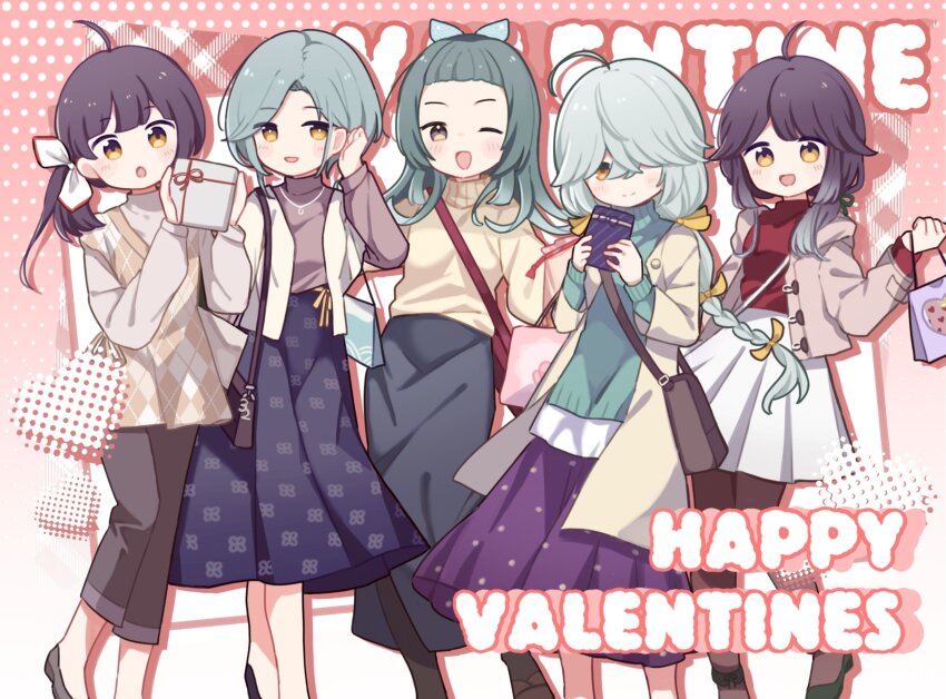 absurdres akaruku bag black_pantyhose black_shoes blue_hair blue_skirt blush box braid commentary english_commentary fujinami_(kancolle) fujinami_(valentine)_(kancolle) gift gift_box hair_between_eyes hair_over_one_eye hair_ribbon hamanami_(kancolle) hamanami_(valentine)_(kancolle) happy_valentine hayanami_(kancolle) hayanami_(valentine)_(kancolle) highres holding holding_box holding_gift jacket jewelry kantai_collection long_sleeves multicolored_hair multiple_girls necklace official_alternate_costume one_eye_closed open_clothes open_jacket open_mouth orange_eyes pants pantyhose purple_hair red_sweater ribbon shoes side_ponytail simple_background single_braid skirt suzunami_(kancolle) suzunami_(valentine)_(kancolle) sweater tamanami_(kancolle) turtleneck turtleneck_sweater valentine white_ribbon white_skirt