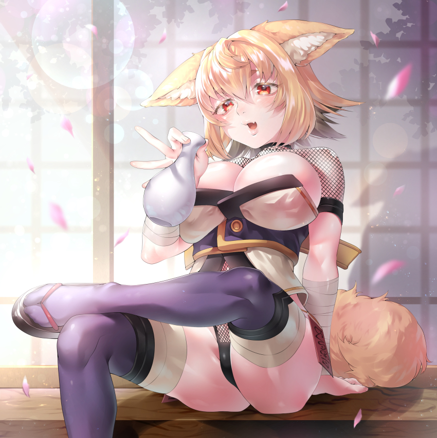 absurdres ah_(mjpg5574) animal_ears blonde_hair breasts fox_ears fox_girl fox_tail genderswap genderswap_(mtf) geta highres konari_konshirou large_breasts ninja original red_eyes tail veranda