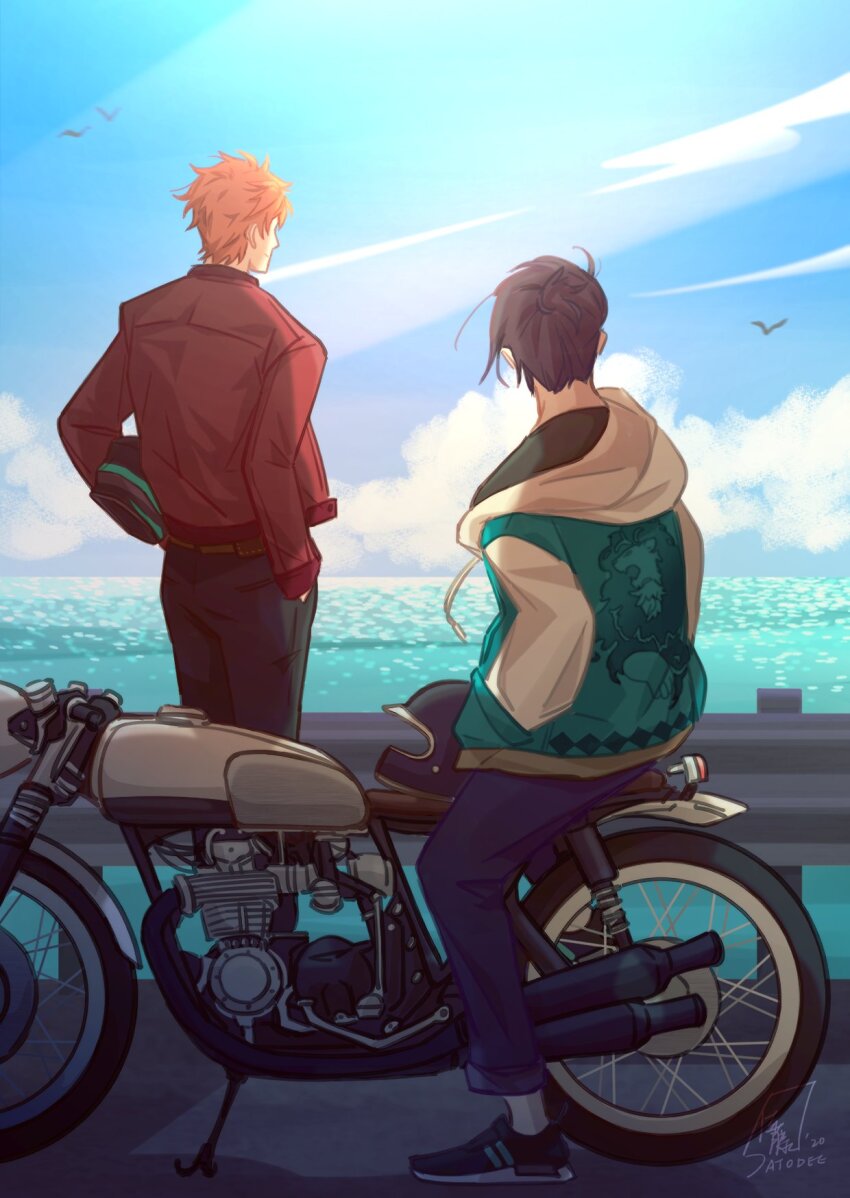 2boys animal bird black_hair blue_pants cloud commentary contemporary english_commentary felix_hugo_fraldarius fire_emblem fire_emblem:_three_houses flying from_behind hands_in_pockets helmet highres holding holding_helmet hood hood_down hoodie jacket long_sleeves male_focus motor_vehicle motorcycle motorcycle_helmet multicolored_hoodie multiple_boys nintendo ocean on_motorcycle orange_hair outdoors pants railing red_jacket satodee signature sitting sky socks standing sylvain_jose_gautier water white_socks