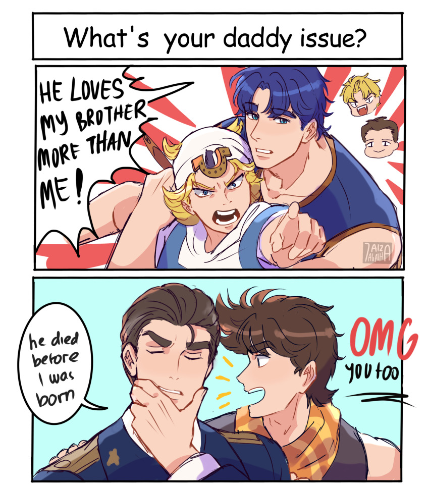 2koma 6+boys 7aizagatha battle_tendency blonde_hair blue_eyes blue_hair brown_hair chibi chibi_inset closed_eyes comic commentary dio_brando english_commentary english_text father_and_son george_joestar_ii highres horseshoe_ornament johnny_joestar jojo_no_kimyou_na_bouken jonathan_joestar joseph_joestar joseph_joestar_(young) male_focus multiple_boys nicholas_joestar open_mouth phantom_blood pointing pointing_at_viewer restrained signature steel_ball_run