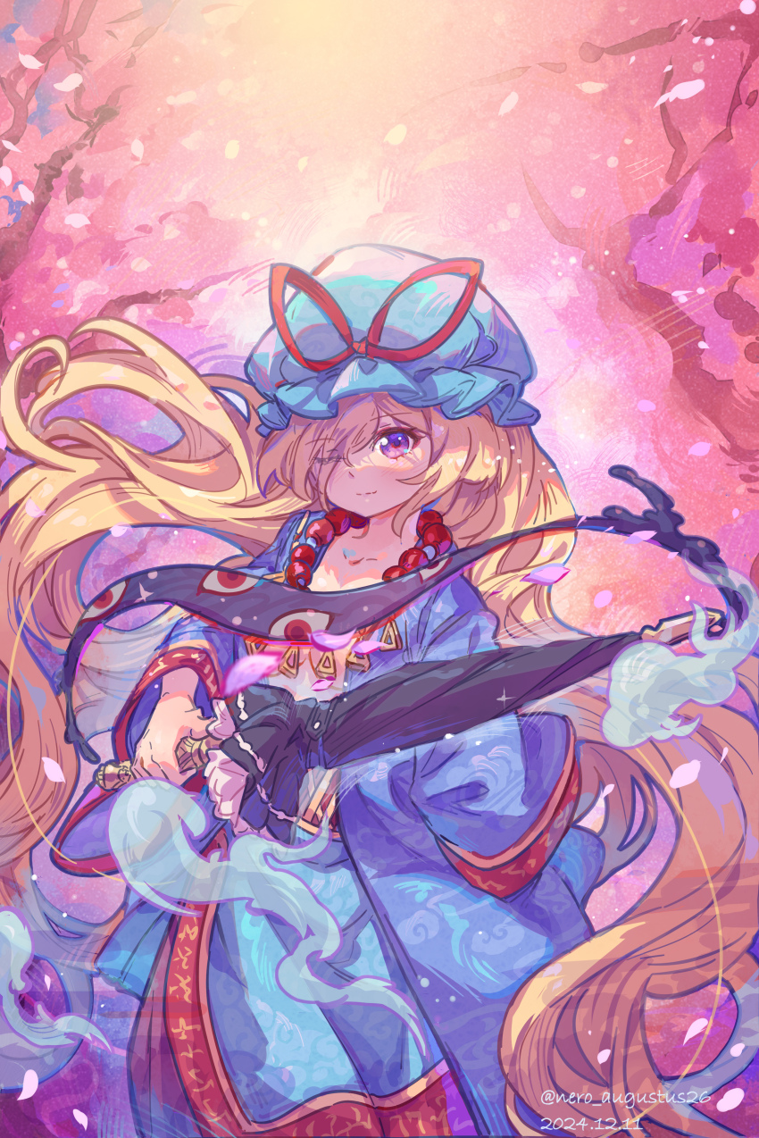 1girl absurdres beads blonde_hair bow cherry_blossoms chinese_commentary collarbone commentary_request cosplay dated floating_hair gap_(touhou) hair_over_one_eye hat hat_bow highres holding holding_umbrella jp_(street_fighter) jp_(street_fighter)_(cosplay) light_smile long_hair long_sleeves mob_cap multiple_necklaces nero_augustus one_eye_closed purple_eyes red_bow robe signature solo street_fighter street_fighter_6 touhou twitter_username umbrella very_long_hair yakumo_yukari