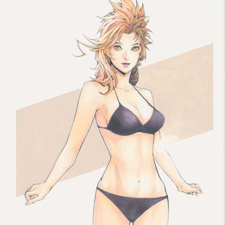 1girl andy_seto anling_(cyber_weapon_z) bikini black_bikini breasts brown_hair chinese_commentary commentary commentary_request cowboy_shot cyber_weapon_z english_commentary hair_ornament hairclip highres large_breasts mixed-language_commentary navel open_mouth pink_lips solo strap_gap swimsuit yellow_eyes
