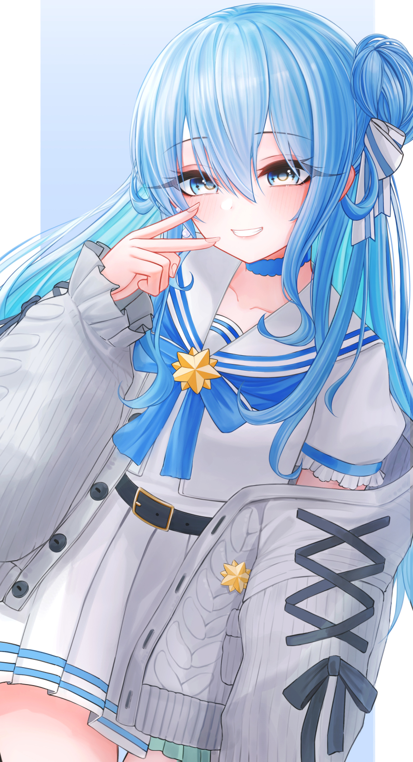1girl absurdres belt black_belt blue_choker blue_eyes blue_hair blush cardigan choker closed_mouth commentary_request grey_cardigan highres hololive hoshimachi_suisei hoshimachi_suisei_(sailor) looking_at_viewer official_alternate_costume ruo1001 sailor_collar school_uniform shirt skirt smile solo v virtual_youtuber white_sailor_collar white_shirt white_skirt