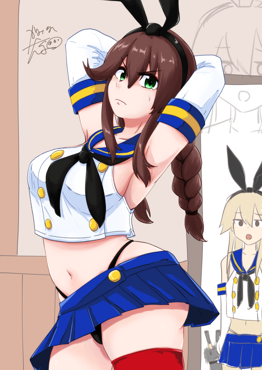 2girls armpits arms_behind_head arms_up black_hairband black_neckerchief black_panties blonde_hair blue_sailor_collar blue_skirt braid breasts brown_hair cosplay crop_top elbow_gloves gloves green_eyes hairband highleg highleg_panties highres horizontal-striped_thighhighs kaminashi_yamato kantai_collection large_breasts long_hair microskirt multiple_girls navel neckerchief noshiro_(kancolle) panties pleated_skirt sailor_collar shimakaze_(kancolle) shimakaze_(kancolle)_(cosplay) skirt striped_clothes striped_thighhighs swept_bangs thighhighs thong twin_braids underwear white_gloves