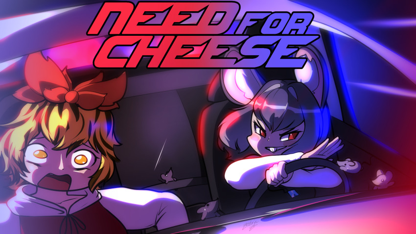 2girls animal_ears black_hair blonde_hair blush_stickers buck_teeth car car_interior constricted_pupils driving grey_hair grin hair_ornament highres logo_parody motor_vehicle mouse_(animal) mouse_ears mouse_girl multicolored_hair multiple_girls nazrin need_for_speed open_mouth red_eyes smile steering_wheel streaked_hair surprised teeth toramaru_shou touhou upper_body zedrin