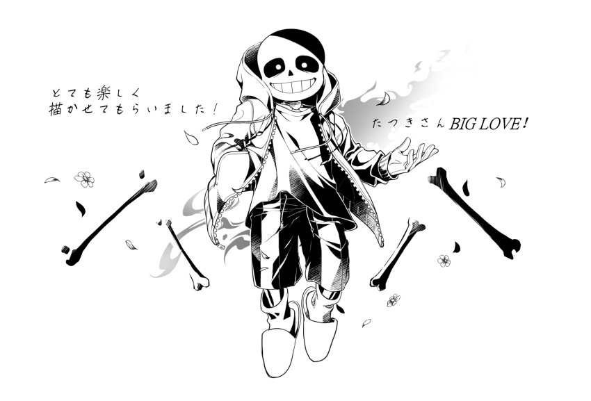1boy ahin_vpv black_sclera black_shorts bone colored_sclera english_text grin highres hood hoodie jacket male_focus monochrome sans_(undertale) shorts simple_background skeleton smile solo teeth undertale white_background white_eyes