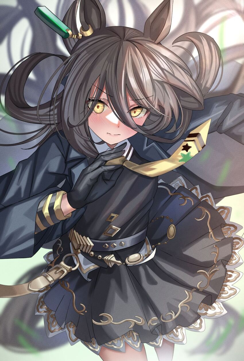 1girl ame_sagari animal_ears black_coat black_gloves black_hair black_shirt black_skirt blush closed_mouth coat collared_shirt ear_tag earrings gloves hair_between_eyes highres horse_ears horse_girl horse_tail jewelry long_bangs long_hair long_hair_between_eyes long_sleeves looking_at_viewer manhattan_cafe_(creeping_black)_(umamusume) manhattan_cafe_(umamusume) multicolored_hair necktie shirt single_earring skirt smile solo tail umamusume very_long_hair yellow_eyes yellow_necktie