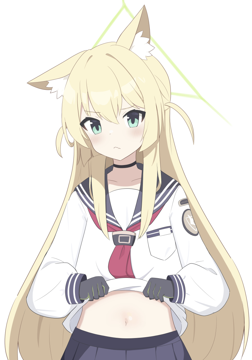 1girl :&lt; absurdres animal_ear_fluff animal_ears black_choker black_gloves black_sailor_collar blonde_hair blue_archive blush choker clenched_hands closed_mouth clothes_lift commentary_request cowboy_shot fang fenrir-banana fox_ears fox_girl frown gloves green_eyes green_halo hair_between_eyes halo hands_up highres kurumi_(blue_archive) lifting_own_clothes long_hair long_sleeves looking_at_viewer navel neckerchief presenting_stomach red_neckerchief sailor_collar school_uniform serafuku shirt shirt_lift shy sidelocks simple_background skin_fang solo stomach straight-on straight_hair triangle_halo two_side_up v-shaped_eyebrows very_long_hair white_background white_shirt