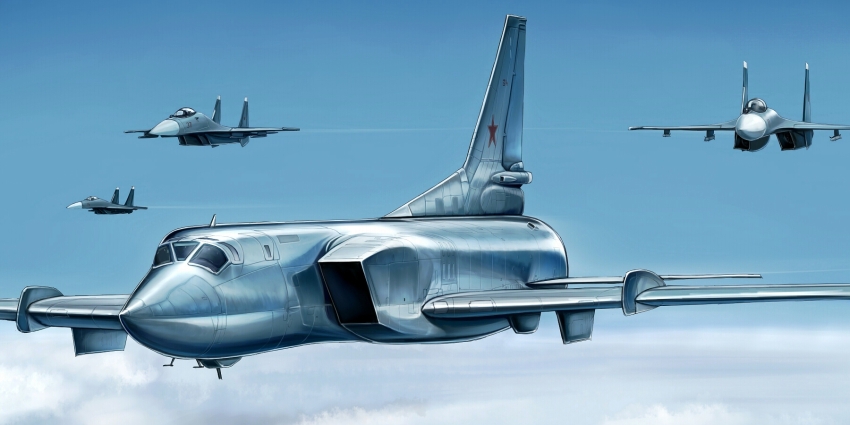 aircraft airplane bomber cloud fighter_jet flying highres kcme military military_vehicle no_humans original sky soviet soviet_air_force su-30 tu-22m