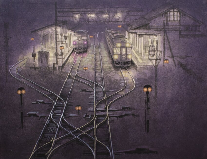 absurdres building dark headlight_beam highres night no_humans original painting_(medium) railroad_signal railroad_tracks scenery shadow tanamachi_yoshihiro traditional_media train train_station train_station_platform window