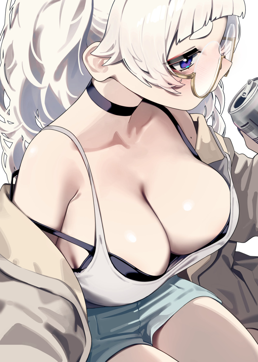 1girl black_bra black_choker blue_eyes blue_shorts bra breasts brown_jacket can choker cleavage drink_can glasses highres jacket large_breasts meg_(wakamepiza) mole original short_shorts shorts sitting solo strap_slip tank_top underwear wakamepiza white_tank_top
