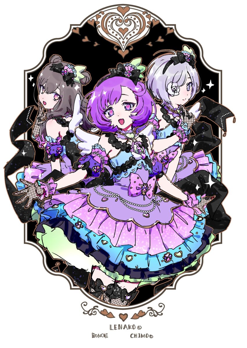 3girls :d bare_shoulders black_bow border bow bow_legwear brown_hair character_name commentary detached_sleeves dot_nose double_bun dress fishnet_gloves fishnet_thighhighs fishnets frilled_cuffs frilled_dress frilled_sleeves frills gloves grey_hair hair_bow hair_bun hand_up heart heart-shaped_pupils highres idol idol_clothes kiratto_pri_chan layered_dress long_hair looking_at_viewer looking_back multiple_girls my_chara_(kiratto_pri_chan) no_pupils open_mouth ornate_border pink_pupils pink_wrist_cuffs pretty_series purple_dress purple_eyes purple_hair short_hair sleeveless sleeveless_dress smile sparkle standing straight_hair symbol-only_commentary symbol-shaped_pupils thighhighs white_background wrist_cuffs yadehi zettai_ryouiki