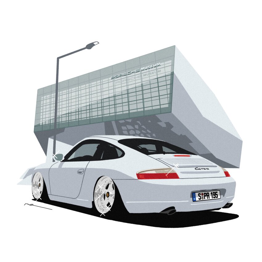 car commentary commission english_commentary glint grey_car highres license_plate motor_vehicle original porsche porsche_911 porsche_996 shadow signature simple_background sports_car vehicle_focus wang-tang_(_lose_control) white_background