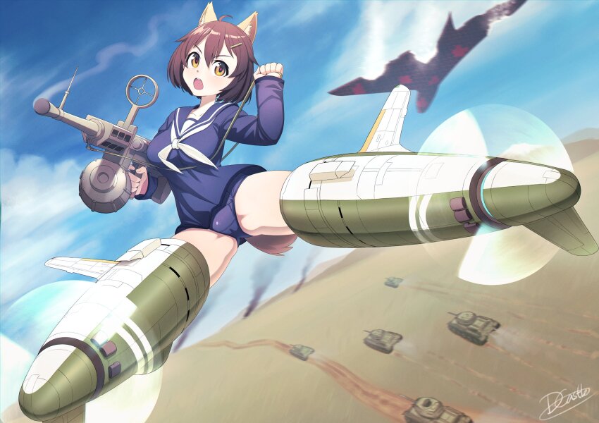 1girl absurdres animal_ears blue_one-piece_swimsuit blue_sky brave_witches breasts brown_eyes brown_hair cloud cloudy_sky desert dragoncastle flying gun hair_ornament hairclip highres holding holding_gun holding_weapon karibuchi_hikari legs_apart looking_at_viewer medium_breasts military_vehicle motor_vehicle neuroi one-piece_swimsuit open_mouth outdoors sailor_collar school_swimsuit sky squirrel_ears squirrel_girl squirrel_tail striker_unit swimsuit tail tank weapon white_sailor_collar world_witches_series