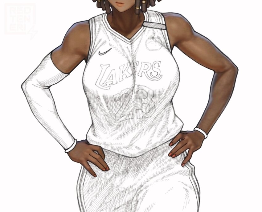 arm_warmers bare_shoulders breasts dark-skinned_female dark_skin dreadlocks eyes_out_of_frame genderswap genderswap_(mtf) hatching_(texture) head_out_of_frame highres jersey large_breasts lebron_james logo los_angeles_lakers muscular muscular_female nail_polish real_life redteneri single_arm_warmer white_arm_warmers wristband