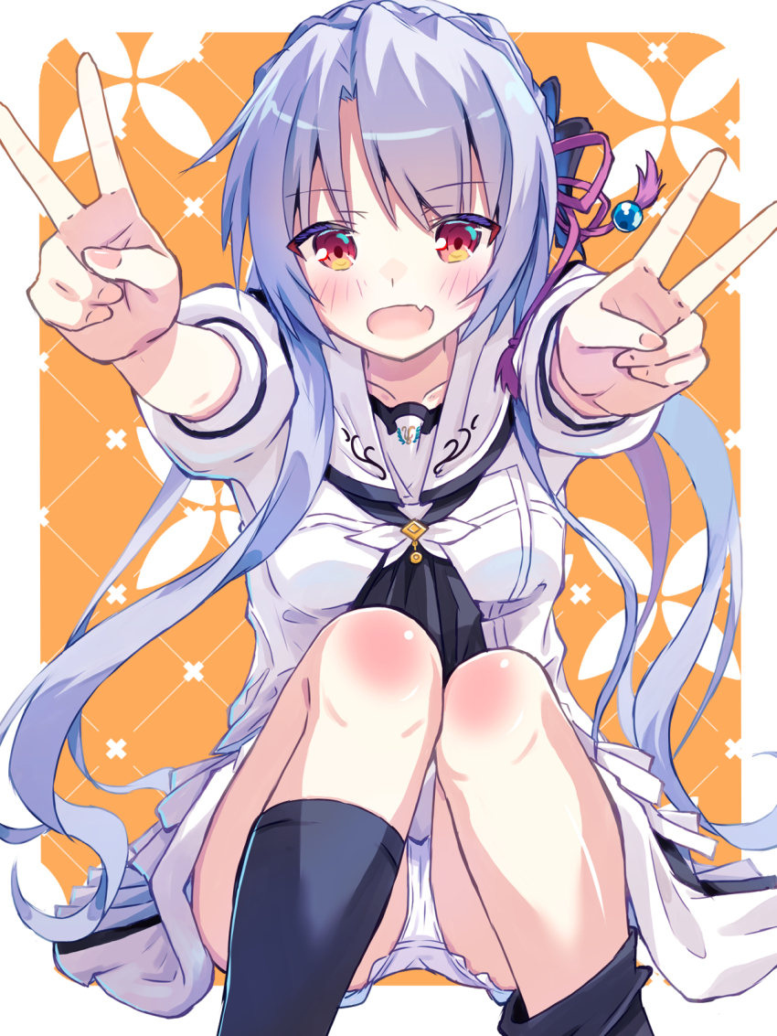 1girl :d akayama_yukihe ascot black_ascot black_bow black_socks blue_hair blush border bow braid breasts collarbone commentary_request crown_braid double_v eyes_visible_through_hair fang feet_out_of_frame hair_between_eyes hair_bow hair_ribbon happy highres kneehighs knees_together_feet_apart knees_up long_hair looking_at_viewer medium_breasts miniskirt open_mouth orange_background outside_border outstretched_arms panties puffy_short_sleeves puffy_sleeves purple_ribbon red_eyes ribbon sailor_collar school_uniform serafuku shirt short_sleeves simple_background sitting skin_fang skirt smile socks solo sorakado_ao straight-on summer_pockets summer_pockets_school_uniform underwear v very_long_hair white_border white_panties white_sailor_collar white_serafuku white_shirt white_skirt