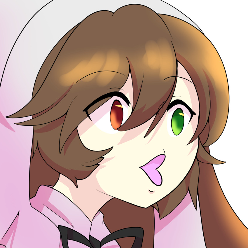 1girl black_ribbon brown_hair green_eyes headscarf heterochromia highres looking_afar lunardances meme neck_ribbon open_mouth pogchamp_(meme) red_eyes ribbon rozen_maiden simple_background solo suiseiseki transparent_background upper_body white_headscarf