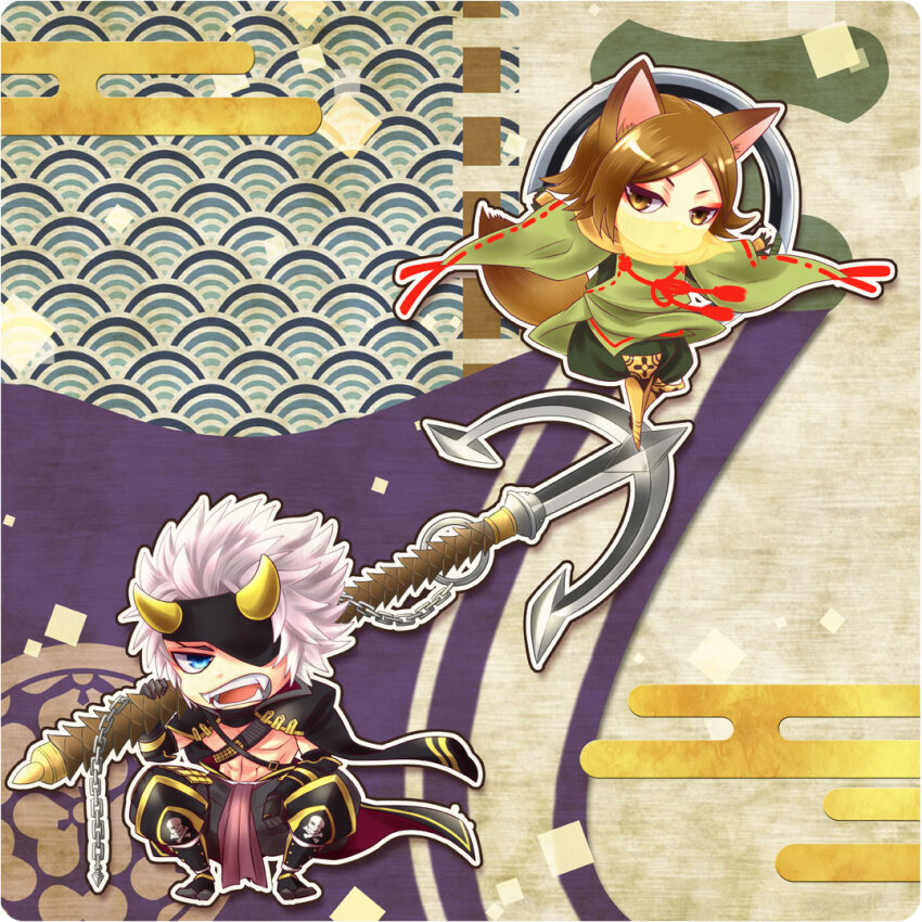 2boys anchor animal_ears black_jacket black_pants brown_hair chousokabe_motochika_(sengoku_basara) eyepatch fangs fox_boy fox_ears fox_tail holding holding_anchor horns jacket jacket_on_shoulders male_focus mouri_motonari_(sengoku_basara) mouth_veil multiple_boys murakami_nana official_alternate_color official_alternate_costume pants sengoku_basara short_hair skull_and_crossbones squatting tail veil white_hair