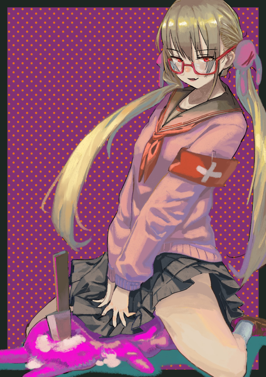 1girl absurdres armband black_skirt blonde_hair brown_shoes fang hair_ornament highres hihihihihip5p5r long_hair looking_at_viewer natori_sana natori_sana_(school_uniform) neckerchief open_mouth pink_sweater purple_background rabbit_hair_ornament red-framed_eyewear red_eyes red_neckerchief safety_pin sailor_collar sana_channel shoes sitting skin_fang skirt socks solo stuffed_animal stuffed_rabbit stuffed_toy sweater twintails virtual_youtuber
