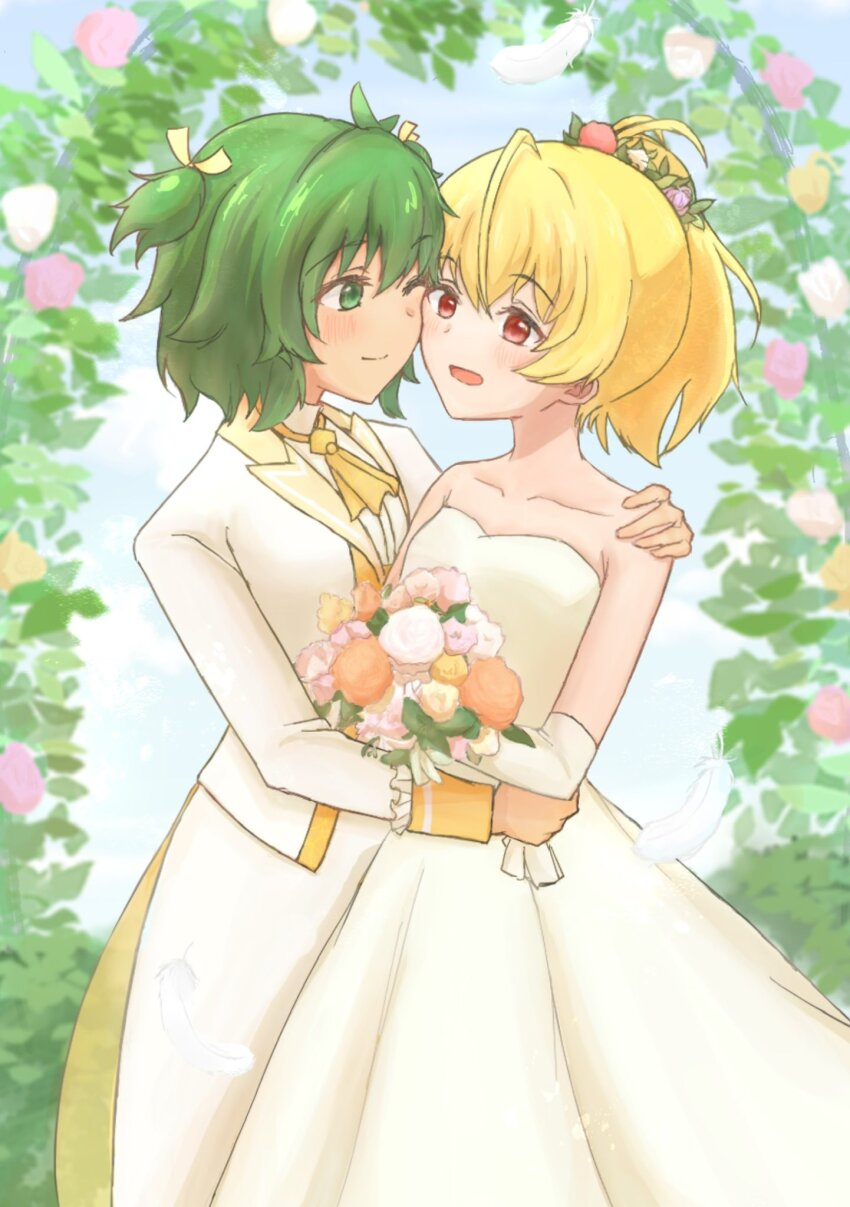 2girls ;) adapted_costume ahoge ando_tazusa antenna_hair arm_around_shoulder ascot assault_lily bare_shoulders blonde_hair blue_sky blush bouquet bride cheek-to-cheek closed_mouth cloud collarbone collared_shirt commentary_request cowboy_shot day dress elbow_gloves eye_contact falling_feathers feathers female_focus flower formal_clothes gloves green_eyes green_hair hair_flower hair_ornament hand_on_another&#039;s_shoulder hand_on_another&#039;s_waist hands_up heads_together highres holding holding_bouquet jacket looking_at_another marukame_ten matching_hair/eyes multiple_girls one_eye_closed open_clothes open_jacket orange_ascot orange_flower outdoors pant_suit pants parted_lips pink_flower ponytail ribbon shirt short_hair sky smile standing strapless strapless_dress suit two_side_up wedding_dress white_dress white_flower white_gloves white_jacket white_pants white_shirt white_suit wife_and_wife yellow_flower yellow_ribbon yoshimura_thi_mai yuri
