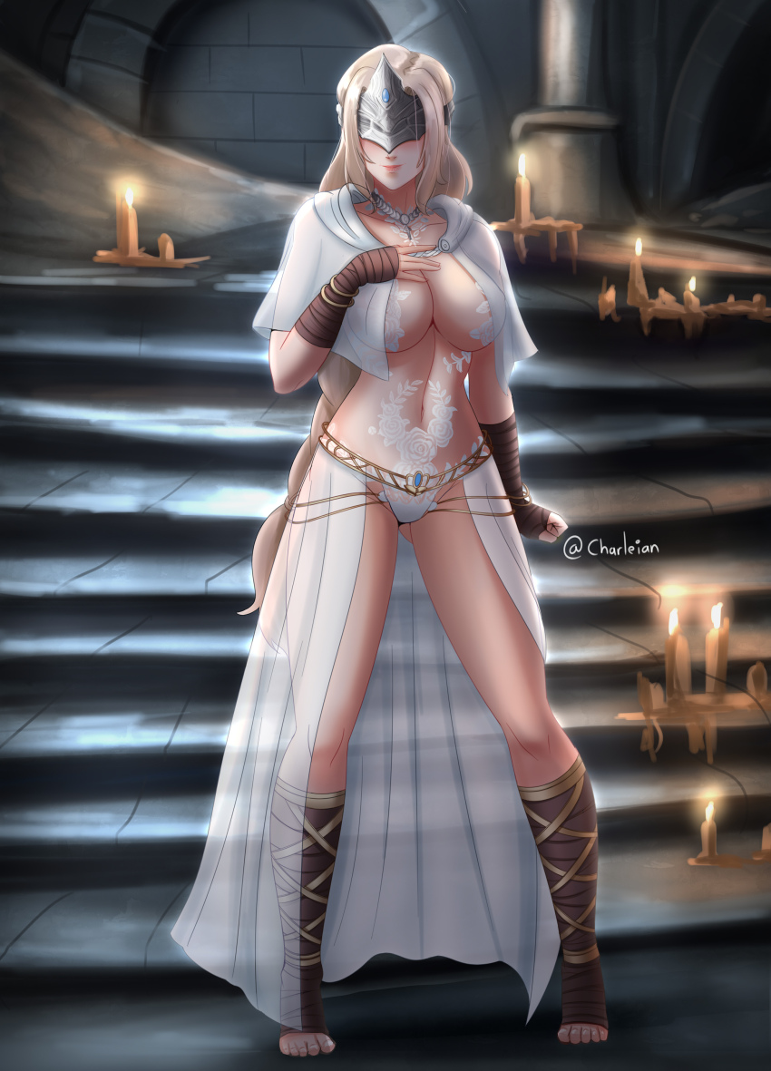 1girl absurdres bare_shoulders bikini blindfold blonde_hair breasts charleian cleavage closed_mouth covered_eyes dark_souls_(series) dark_souls_iii dress duplicate eye_mask fire_keeper flower groin hair_ornament highres jewelry legs_apart lips long_hair looking_at_viewer mask medium_breasts midriff navel necklace nipples panties pixel-perfect_duplicate sandals smile solo swimsuit toes underwear upper_body