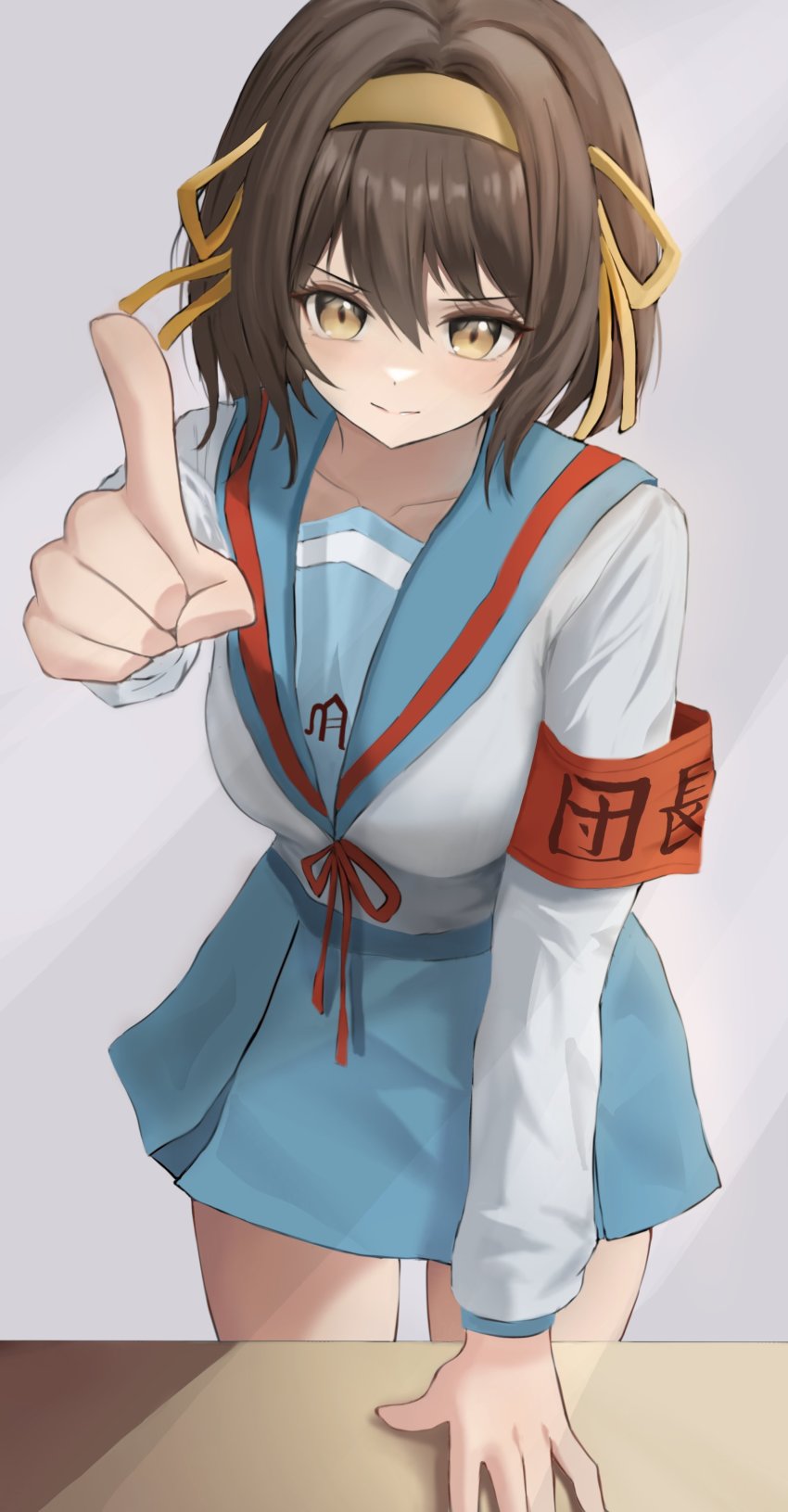1girl absurdres armband blue_sailor_collar blue_skirt bob_cut brown_hair closed_mouth cowboy_shot grey_background hair_between_eyes hair_intakes hair_ribbon hairband highres kita_high_school_uniform leaning_forward long_hair long_sleeves looking_at_viewer miniskirt pointing red_ribbon ribbon sailor_collar school_uniform serafuku skirt solo standing suzumiya_haruhi suzumiya_haruhi_no_yuuutsu thigh_gap ttusee5 yellow_eyes yellow_hairband yellow_ribbon