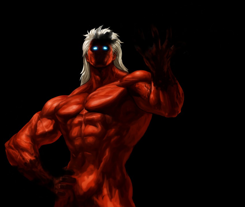 1boy black_fire blue_eyes colored_skin dark_persona fire glowing glowing_eyes hand_on_own_hip highres king_of_fighters_xiii long_hair male_focus muscular nude official_art ogura_eisuke pectorals pyrokinesis red_skin saiki_(kof) snk solo the_king_of_fighters the_king_of_fighters_xiii transparent_background white_hair