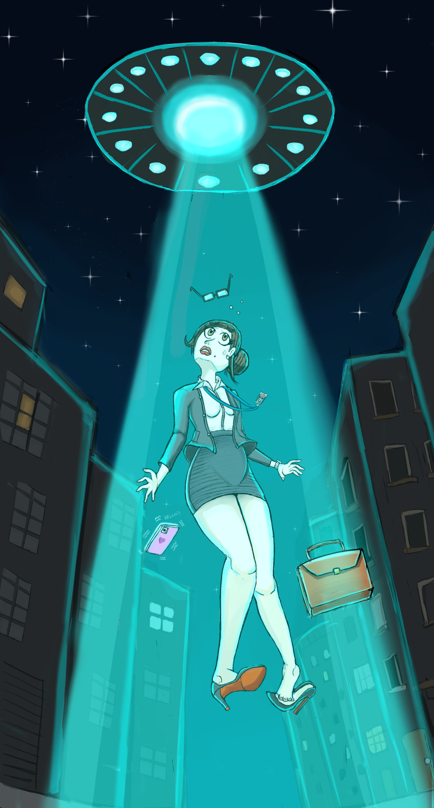 1girl abduction absurdres alien bare_legs black_jacket blue_light briefcase brown_eyes brown_hair building cellphone city dress_shirt earrings floating flying_sweatdrops from_below glasses glowing hair_bun heart high_heels highres horror_(theme) id_card jacket jewelry lanyard legs_together levitation lipstick long_sleeves looking_up makeup miniskirt mole mole_under_mouth nail_polish night night_sky office_lady open_clothes open_jacket original parted_lips pencil_skirt peril phone pumps science_fiction shadow shirt shoe_dangle skirt sky smartphone stud_earrings surprised sweatdrop thighs toenail_polish toenails tractor_beam ufo watch white_shirt wide-eyed worried wristwatch