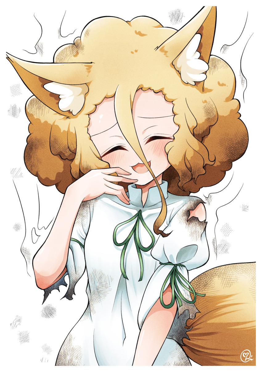1girl afro after_explosion alternate_hairstyle animal_ear_fluff animal_ears blonde_hair blush breasts burnt_clothes closed_eyes fox_ears fox_girl fox_tail green_ribbon hair_between_eyes highres kudamaki_tsukasa looking_back open_mouth ribbon romper scavia10 short_hair small_breasts smoke solo tail touhou white_romper
