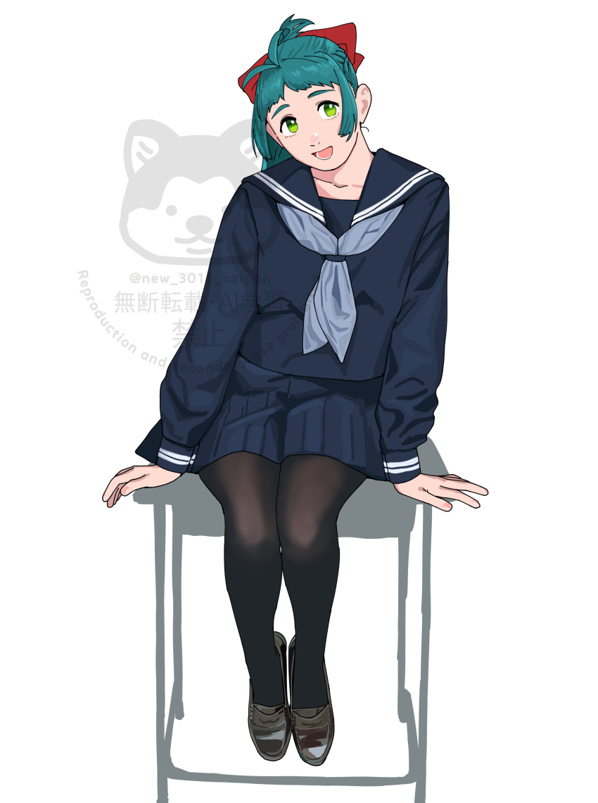 1girl absurdres alternate_costume black_pantyhose black_sailor_collar black_serafuku black_shirt black_skirt blue_neckerchief desk green_eyes green_hair hair_ribbon highres irako_(kancolle) kantai_collection long_hair long_sleeves neckerchief ojipon pantyhose pleated_skirt ponytail ribbon sailor_collar school_desk school_uniform serafuku shirt silhouette sitting skirt solo watermark