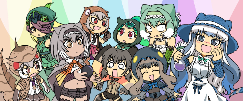 6+girls ^_^ alternate_design animal_hood animal_print bare_shoulders baweng_satanic_leaf_gecko_(kemono_friends) baweng_satanic_leaf_gecko_(old_design)_(kemono_friends) black_hair blush brown_eyes cape capelet chibi chinese_water_dragon_(kemono_friends) closed_eyes closed_mouth coat constricted_pupils corset dark-skinned_female dark_skin detached_sleeves dress dual_persona fingerless_gloves flask forehead_protector frilled_hairband frilled_lizard_(ex)_(kemono_friends) frilled_lizard_(kemono_friends) frills gloves green_hair grey_eyes grey_hair hair_horns hair_over_one_eye hairband hand_on_own_cheek hand_on_own_face hat height_difference highres holding holding_flask hood hood_up hooded_capelet hooded_coat jacket jackson&#039;s_chameleon_(kemono_friends) japanese_clothes kemono_friends kemono_friends_3 komodo_dragon_(kemono_friends) komodo_dragon_(old_design)_(kemono_friends) lizard_tail long_hair long_sleeves looking_at_another low_twintails medium_hair midriff multicolored_hair multiple_girls navel necktie official_alternate_costume open_mouth panther_chameleon_(kemono_friends) print_hood print_sleeves red_eyes ringed_eyes round-bottom_flask scale_print shirt short_twintails shorts skirt smile srd_(srdsrd01) stomach swept_bangs tail thighhighs twintails very_long_hair vest white_hair wide-eyed