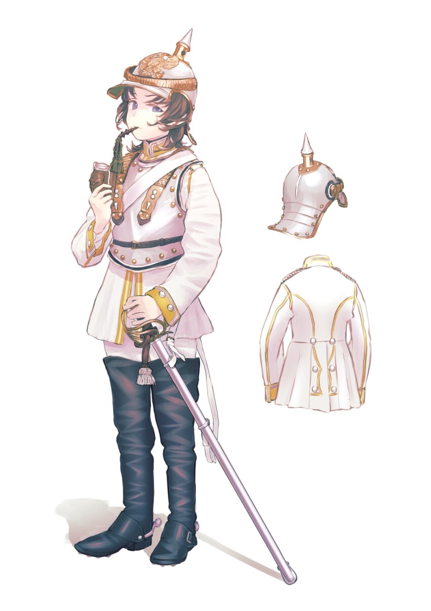 1girl absurdres armor basket_hilt belt black_boots blue_eyes boots breastplate brown_hair buttoned_cuffs buttons cavalry_sword closed_mouth combat_helmet cuirass cuirassier full_body german_commentary hand_on_hilt helmet highres holding holding_smoking_pipe holding_sword holding_weapon jacket karasumi_(sumizono) knee_boots long_sleeves looking_at_viewer medium_hair military military_jacket military_uniform original pants pickelhaube pipe_in_mouth prussia raised_eyebrow riding_boots scabbard shadow sheath sheathed shirt simple_background smoking smoking_pipe soldier solo spurs standing sword weapon white_background white_jacket white_pants white_shirt yellow_trim