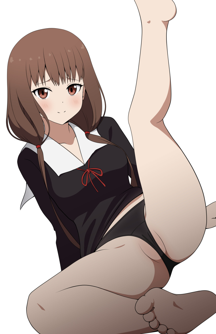 1girl barefoot black_dress black_panties blunt_bangs blush breasts brown_eyes brown_hair coro_fae dress feet foreshortening frontal_wedgie highres iino_miko kaguya-sama_wa_kokurasetai_~tensai-tachi_no_renai_zunousen~ long_hair long_sleeves looking_at_viewer low_twintails medium_breasts panties partially_visible_vulva ribbon school_uniform shuuchiin_academy_school_uniform soles solo thighs toes twintails underwear wedgie