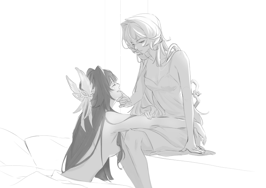 2girls absurdres breasts chewinggum_p cleavage closed_mouth clothed_female_nude_female columbina_(genshin_impact) commentary dress genshin_impact greyscale hand_on_another&#039;s_chin highres long_hair looking_at_another medium_breasts monochrome multiple_girls nude parted_lips pillow sandrone_(genshin_impact) smile winding_key yuri